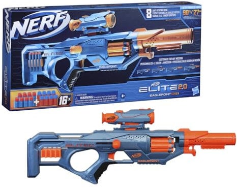 NERF Elite 2.0 Eaglepoint RD-8 Blaster - 8-Dart Drum, Detachable Scope and Barrel, 16 Official Elite Darts, Bolt Action