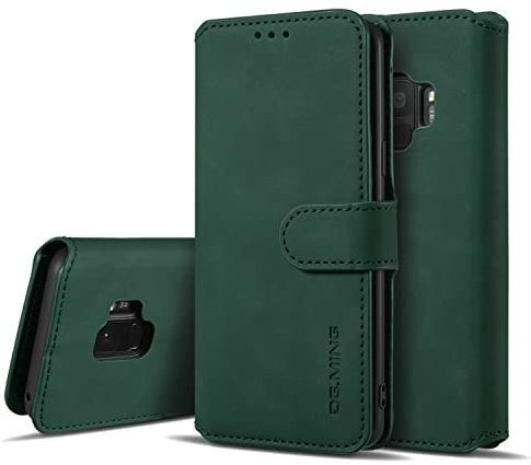 UEEBAI Coque pour Samsung Galaxy S9, Etui en Cuir PU Portefeuille Rétro Antichoc Flip Case Housse avec Fentes de Cartes Fonction Support, Fermeture Magnétique - Vert Foncé
