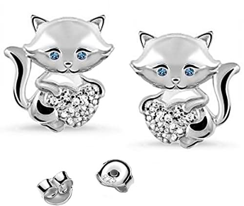 Katze mit Herz Ohrstecker aus 925 Sterling Silber mit Zirkonia Kristall Ohrringe