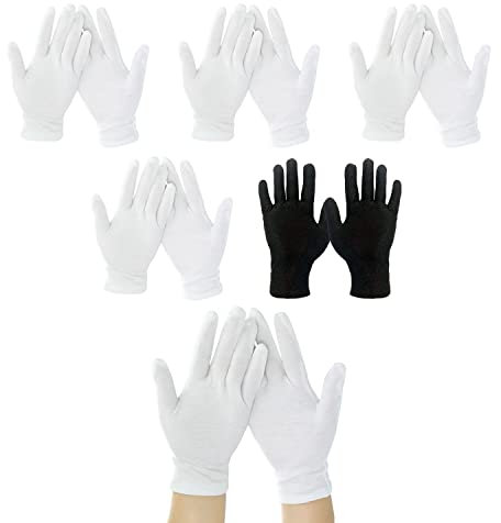 4 weiße Handschuhe + 1 schwarzer Handschuh für Ekzeme, empfindliche, trockene, gereizte Haut, Handcreme-Lotion-Schutz für die Nacht, tägliche Arbeit, 100% Baumwolle, Größe 22,9 cm (5 Paar)