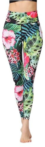 Yogahose Damen,Damen High Waisted Gym Leggings Mode Grün Monstera Dschungelpflanze Blumenblatt Bedruckt Sexy Sport Leggings Bauchkontrolle Workout Laufen Fitness Strumpfhose Stretch Yogahose,L(Labe