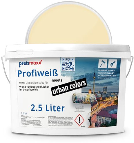 Preismaxx Profiweiß Wandfarbe beige 2,5L, hohe Deckkraft, Dispersionsfarbe innen, Innenwandfarbe Raumfarbe champagner deckend, Deckkraftklasse 2, matt Innenfarbe Profi Qualität