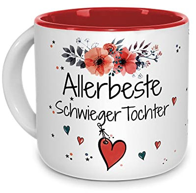 Tasse mit Spruch für die allerbeste Schwiegertochter - Geschenk für Schwiegertochter, Geburtstagsgeschenk, Familie | Hochwertige Keramik - Innen Rot, 400ml