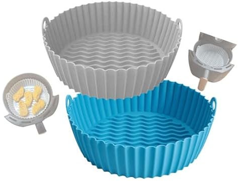 2pcs Air Fryer Silicone Liner 7.8 inch/20cm Medium Air Fryer Accessories Reusable Replaces Parchment Paper Fits 3-5L Compatible with Ninja, Cosori, Tower (Grey/Blue)
