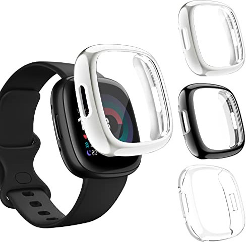 Vancle 3-Stück Schutzhülle Kompatibel mit Fitbit Versa 4/Fitbit Sense 2 Schutzfolie Hülle, TPU Ultradünner Vollschutz Gehäuse Schutz Hülle für Versa 4/Sense 2 (Transparent+Schwarz+Silber)