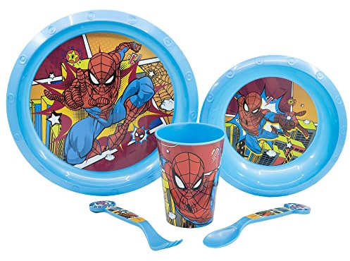 SET DE TABLE POUR ENFANTS 5 PIÈCES. ASSIETTE, BOL, VERRE DE 260 ML ET COUVERTS. SANS BPA | SPIDERMAN MIDNIGHT FLYER