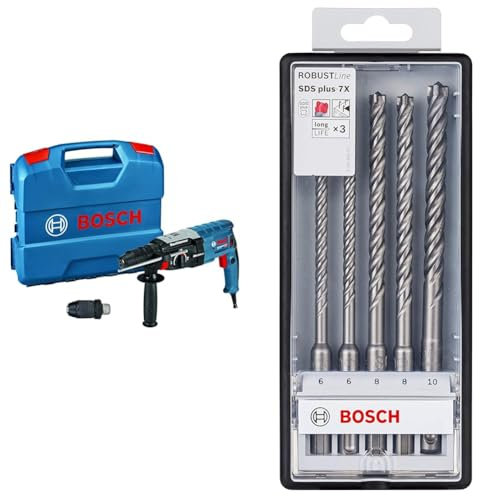 Bosch Professional Bohrhammer GBH 2-28 F (SDS-plus-Wechselfutter, 13 mm Schnellspannbohrfutter, Handwerker-Koffer) + 5x Expert SDS plus-7X Hammerbohrer Set (für Stahlbeton, Ø 6-10 mm, Zubehör)