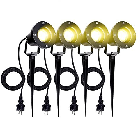 Vigevee Gartenbeleuchtung LED 4 Stück, IP65 Wasserdichter Gartenleuchte, 4W GU10 Warmweiß 3000K Gartenstrahler mit Erdspieß, Dekorative Gartenlampe Außen-Strahler Beleuchtung für Außen, Garten, Rasen
