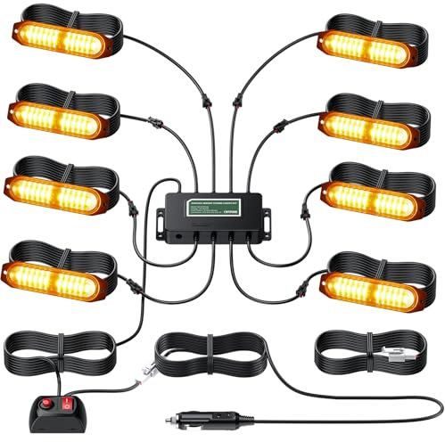 EYPINS 8X 12 LED Feu Clignotant Avant 30 Modes Lumière d'Avertissement Stroboscope Llignotant LED Orange 48W IP65 12/24V pour Camion Tracteur Véhicule Avertissement d'Urgence | E-mark E9 Orange