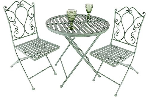 Dibor Garden Table and Chairs Set Foldaway Sage Green 3 Piece Vintage Style Metal Ornate Scrolled Heavy Duty Sturdy Patio Table Bistro Set for 2