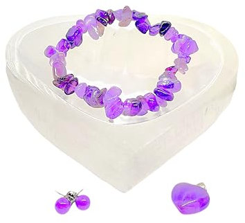 Steinfixx® - Echtes Amethyst Edelstein Schmuckset mit hochwertiger Selenit Herzschale 10cm | für die Liebsten | Chakrasteine | Heilsteine | 4-teilig