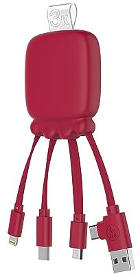 Xoopar Câble Multi Connecteurs USB - Hub USB 4 en 1- Chargeur Universel et Batterie Externe 3000 mAH en Plastique Recyclé - Octopus Gamma - Rouge