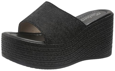 Ulalaza Ciabatte in denim da donna Pantofole piatte in tessuto Jean casual Pantofole con zeppa a punta aperta Zoccoli con plateau Sandali Boho antiscivolo Mocassini slip-on senza schienale