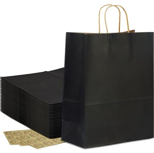 Große Schwarze Papiertüte mit Henkel, HRUISE 25 Stück Papier Geschenktüten, 130GSM kraftpapier tüten mit Griffen für Geburtstag, Festivalfeier,Einkaufstüten, Partytüten, Hochzeitstasche