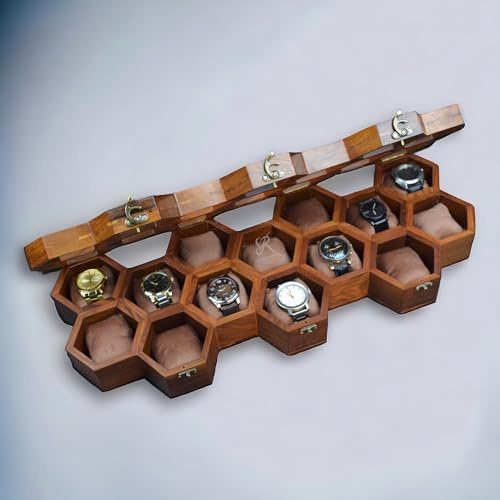 Royal Craft Expertise Uhrenbox aus Holz – 14 Schlitze Luxus Uhrengehäuse für Damen & Herren | Vintage Palisander Waben Design | Uni Holz Uhren Aufbewahrungsbox