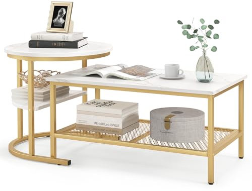 GOPLUS Lot de 2 Tables Basses Gigognes, Rectangulaire Amovible et Table Ronde, Plateau Imitation Marbre Blanc, Table d'Appoint Empilable Moderne pour Salon (Or et Blanc)