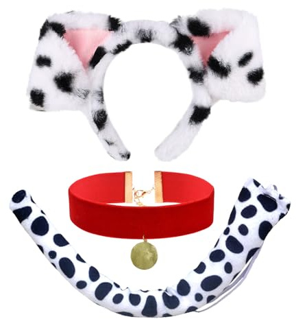 XNIVUIS 3 Stück Hundekostüm für Kinder Erwachsene, Dalmatiner Kostüm Hundeohren-Stirnband Dalmatiner-Ohren-Stirnband Hundeschwanz Halskette, Dalmatiner-Kostümzubehör für Rollenspiele, Partys