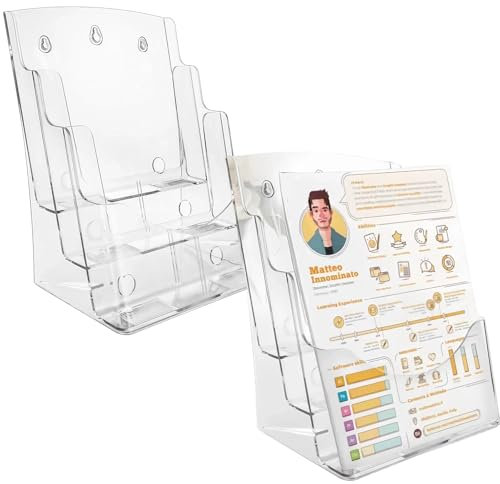 MUXHEL 2er-Set Tisch-Prospektständer, 23.5 x 17.3 x 32cm Prospekthalter mit 3 Etagen im DIN A4 Hochformat, Präsentationsständer, Transparenter Flyerständer mit 3 Etagen, Prospektaufsteller A4 Format