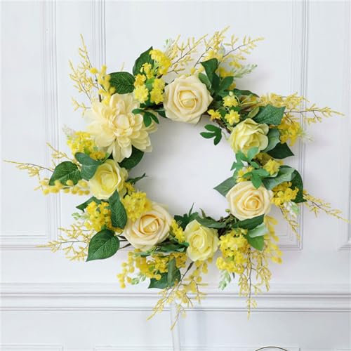 17.7in Spring Wreaths for Front Door, Yellow Roses Baby Breath Artificial Flower Wreath, Summer Front Door Outdoor Wreath for Window Wall Wedding Home Decor