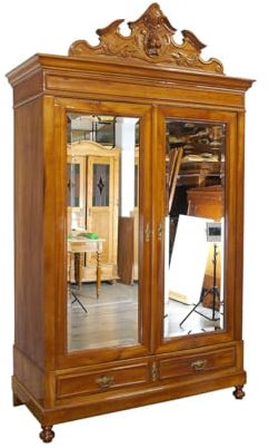 Antiker Dielenschrank Kleiderschrank Gründerzeit Garderobenschrank Kirschbaum hochglänzend Spiegelschrank B: 147 cm -11368-