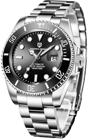 Pagani Design Elegante Herren Automatik Mechanische Uhr 43MM Japan NH35 Automatikwerk Aufziehen Keramik Lünette Edelstahl Wasserdicht Business Sport Armbanduhr Datum, Schwarz