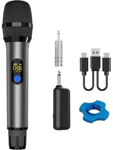 VOVIGGOL Micrófono Inalámbrico Profesional de Metal, UHF Wireless Sistema de Micrófono Dinámico Mano con Receptor Recargable, para Canto de Karaoke, KTV Casero, Boda, DJ, Fiesta, Discurso, 50M