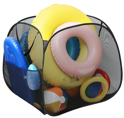 Adnee Contenitore per giocattoli da piscina, 89 x 79 x 79 cm, organizer per piscina in rete di nylon, con tasca laterale, ad asciugatura rapida, per galleggianti, palloni da spiaggia, occhiali e altri