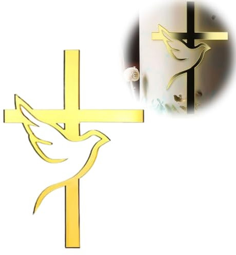 Fc'Noqgn 1 Stück Kuchen Topper Kreuz Kuchen Salver Dove Gold Acryl Kuchen Topper, Regenbogen Farbe Spiegeleffekt für Hochzeiten, Geburtstage, Weihnachten, Partys, etc., Kreuz und Blätter