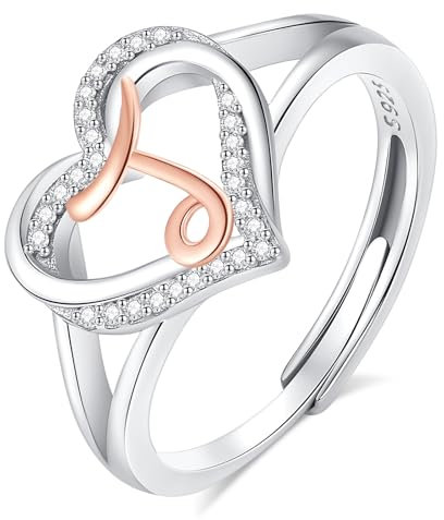 INFUSEU Damen Ring Mit Initialen, 925 Sterling Silber J Buchstabe Herz Offener Ringe Buchstabenform Initial Name Alphabet A-Z Verstellbar Personalisierter Schmuck Geschenke für Frauen Damen Mädchen