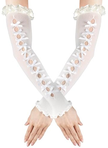 Lang Handschuhe Weiß mit Schleife Langen Armstulpen Damen Spitzenhandschuhe Lolita Kleid Netzstoff Gerüschte Brauthandschuhe für Hochzeit Halloween Party Maskerade Cosplay Handschuhe Lang Spitze