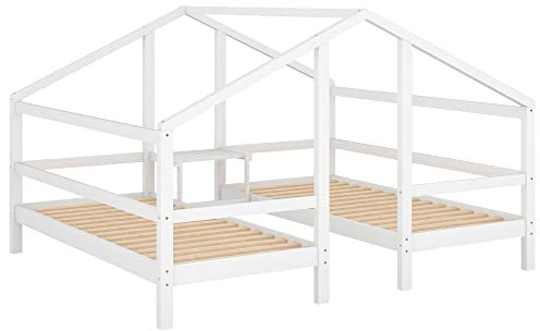 Ledander Hausbett für 2 Kinder Zwei Einzelbetten unter einem Dach im Hausbettdesign mit Nachttisch und Lattenrost Jugendbett 90 * 200 mit Rausfallschutz Weiß