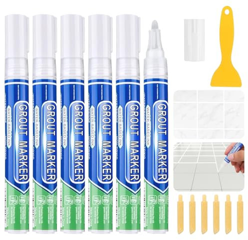 UZSUZZ 6Pcs Grout Pen White, Ceramic Tile Bathroom Grout Pen, Ceramic Tile White Grouting Pen with Replacement Designed for restoring tile grout