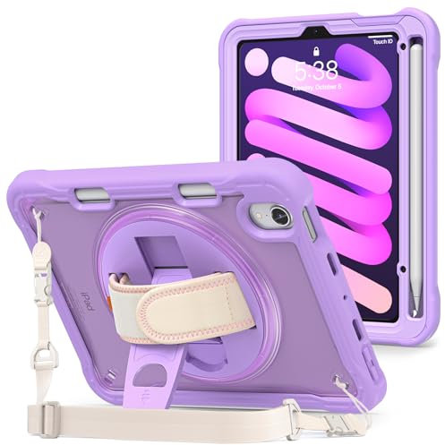 ProCase Rugged Case for iPad Mini 7th(A17 Pro) 2024 / 6th Generation 8.3 2021, Heavy Duty Shockproof Rugged Cover with Hand Strap 360 Degree Rotatable Kickstand Protective for iPad Mini 8.3 -Purple