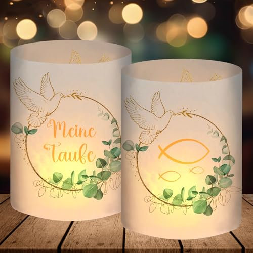 12 Windlicht Tischdeko Taufe, Taufdeko Junge Mädchen Deko Eukalyptus Grün, Geschenke Gastgeschenke Taufe, Taufgeschenke Jungen Mädchen, Geeignet für Teelichter oder Kerzen