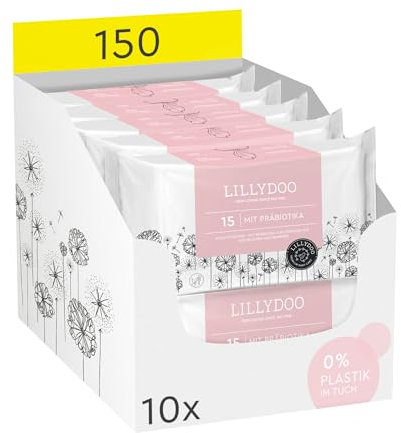 LILLYDOO Feuchttücher mit Präbiotika, 150 Stück (10 x 15), 100% plastikfreies Tuch, ohne Parfüme