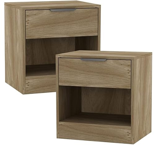 URBNLIVING 2 Pcs 1-Drawer Bedside Oak Table Nightstand Shelf File Cabinet Storage for Bedroom Wooden Furniture Modern Sofa Side End Compact Unit for Living Room, H46.5cm x W45cm x D35cm