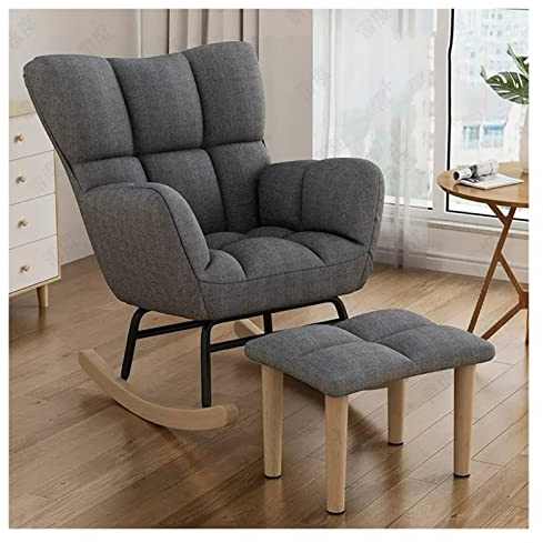 Silla mecedora moderna con respaldo de alas con reposapiés y cojín cómodo, color gris 1