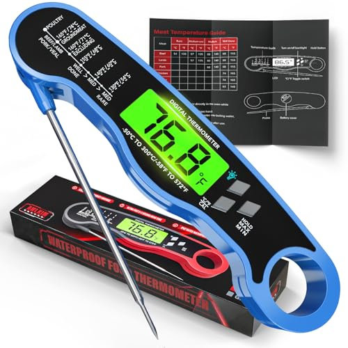 Instant Read Meat Thermometer Digital - Waterproof Food Thermometer with Backlight for Cooking, Grill, Candy, Kitchen & Stocking Stuffers for Men - Blue