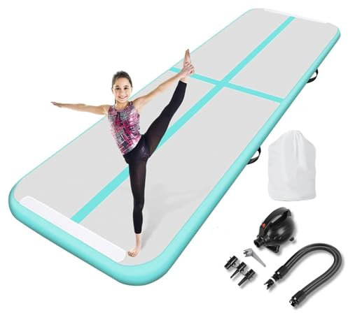 Inflatable Gymnastics Mat Tumble Track Gym Floor Mat 3M 4M 5M 6M Air Tumbling Training Track Thick 10cm with Electric Pump for Gymnastics Home Kids Tumble Training/Yoga/Water/Pilates (Green, 6m/20ft)