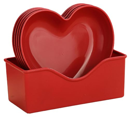 Red Heart Shaped Plates Set, 5 Pieces Reusable Plastic Heart Shaped Dinner Dessert Plates with Storage Box, for Cake Snack Fruit, 15 x 13 x 3 cm (1, Red)
