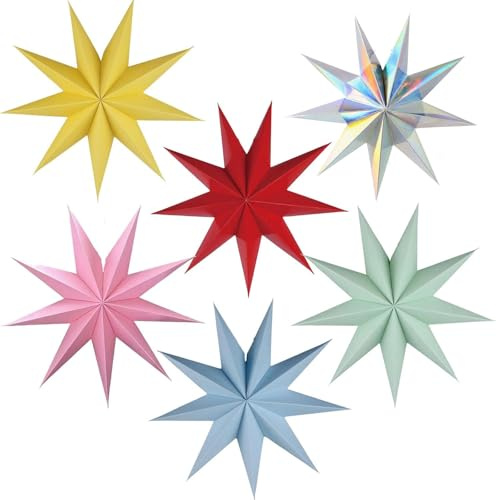 6 PCS Paper Star Lanterns Christmas Decorations Stars Paper Lampshades Christmas Tree Hanging Decoration Xmas Crafts Vintage Baubles Coloured Star Gifts for Ceiling Window Home Party 30CM