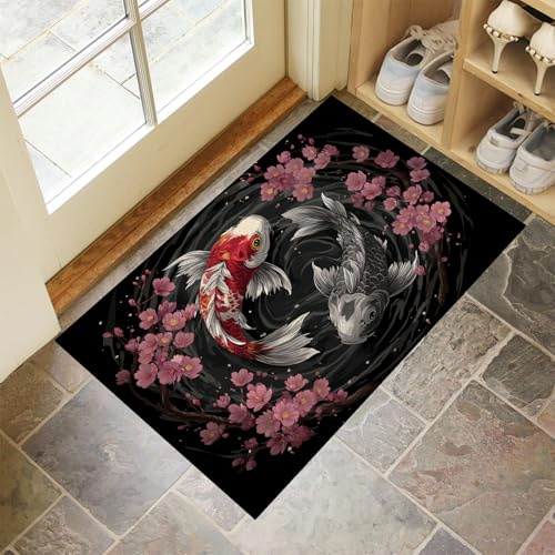 MLSOWM Fußmatte Japanische Ästhetik 80x120 cm Innen und Außen Waschbar Fussmatt Yin Yang Koi Rutschfester Teppich Schmutzfangmatte für Eingang, Haustür, Patio, Flur, Schwarz