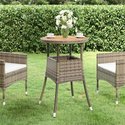 Teenpull Gartentisch Ø60x75 cm aus massivem Akazienholz und grauem Poly Rattan, runder Outdoor Tisch für Balkon, Terrasse, Garten, langlebig und wetterfest