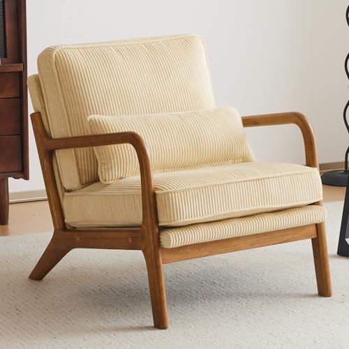 Bonnlo Accent Chair, Solid Wood Lounge Armchairs, Corduroy, Dark Beige | Occasional Reading Chair with Cushions and Lumbar Pillow, Comfy Armchairs for Living Room, Bedroom, Guest Room, Office