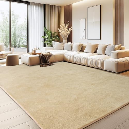 Teppich Wohnzimmer Groß 200x300cm Camel, Waschbarer Kurzflor Teppich | Flauschig Weich & Rutschfest, Einfarbiges, Modernes Design für Wohnzimmer, Kinderzimmer, Flur und Büro