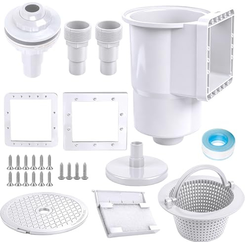 Piashow Kit skimmer de piscine, skimmer encastrable pour piscine hors-sol en acier, buse d'admission, grand panier skimmer, raccord de tuyau 32/38 mm, nettoyage de piscine, entretien de l'eau, blanc
