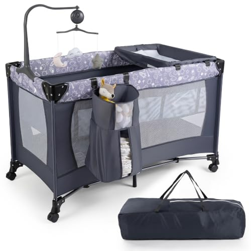 COSTWAY 3 in 1 Beistelltisch klappbar, Kinderreisebett auf Rollen | Reisebett mit Matratze, Wickelauflage & Spielbogen, Stubenwagen tragbar inkl. Tragetasche, Babybett für Baby ab Geburt, Grau