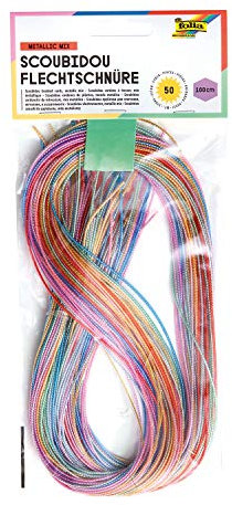 folia 733050 - Metallic Mix Scoubidou Flechtschnüre, mit goldenem/silbernem Fadeneinzug, 50 Stück sortiert in 10 verschiedenen Farben - ideal zum Flechten von Armbändern, Schlüsselanhängern, usw.
