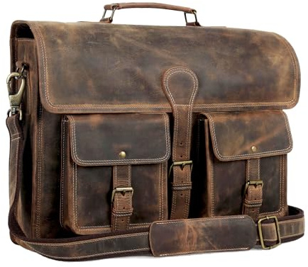 Leather briefcase 18 inch laptop messenger bag for men and women best satchel office bag