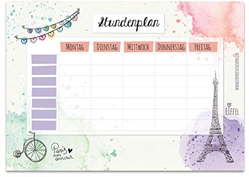 Papierdrachen Stundenplan DIN A4 Block - Motiv Paris - beschreibbar und ideal als Geschenk für Schule oder Uni - Terminkalender und Wochenplan für Jugendliche und Erwachsene